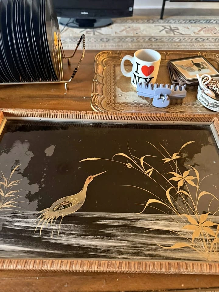 Vintage Mid-Century Chinoiserie Crane Glass Tray with Bamboo Fra