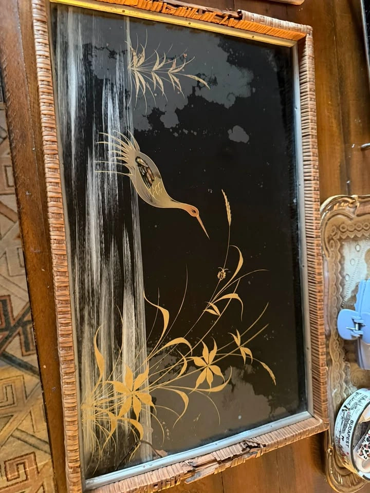 Vintage Mid-Century Chinoiserie Crane Glass Tray with Bamboo Fra - photo 2