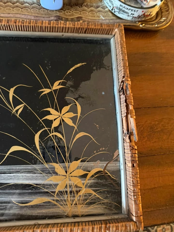 Vintage Mid-Century Chinoiserie Crane Glass Tray with Bamboo Fra - photo 3