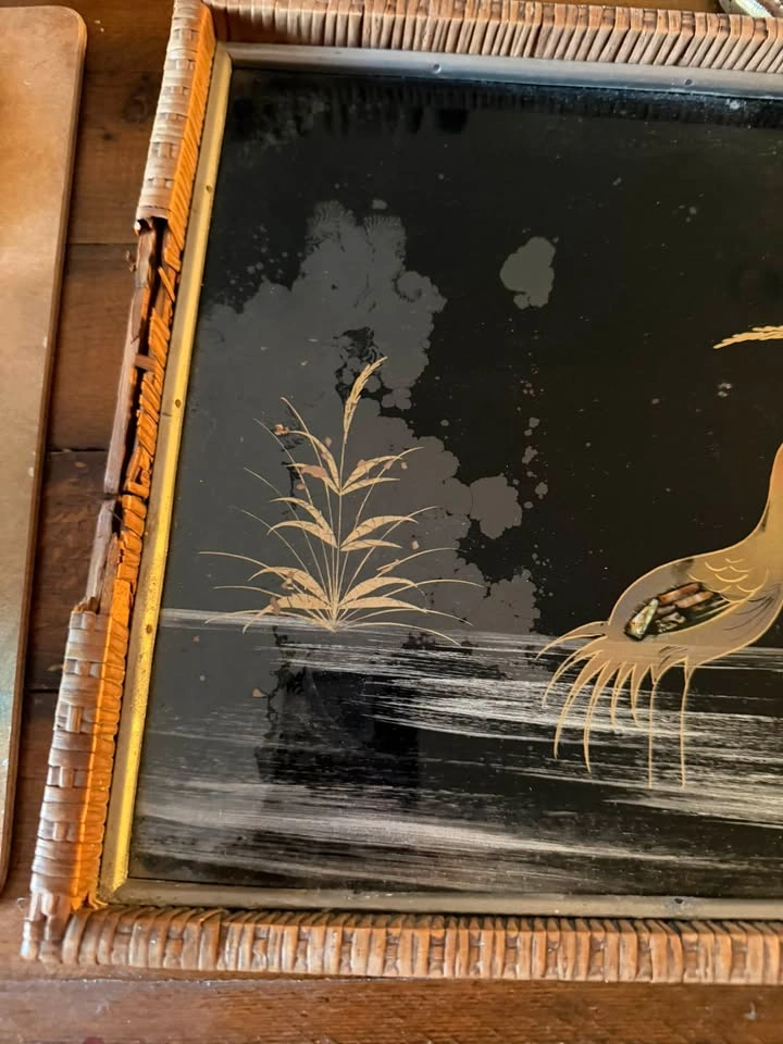 Vintage Mid-Century Chinoiserie Crane Glass Tray with Bamboo Fra - photo 4