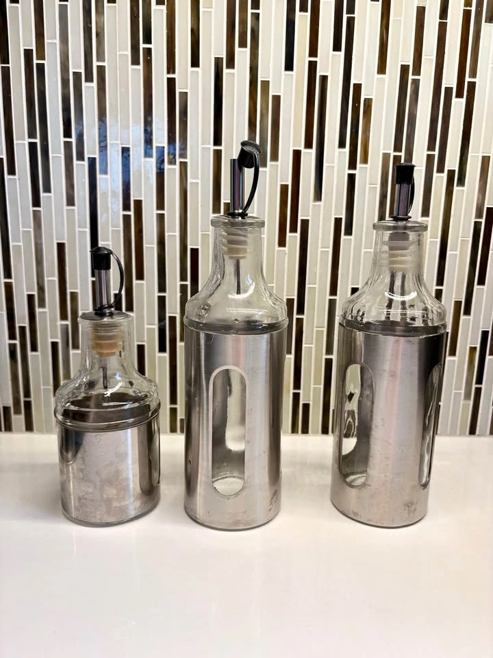 Set of 3 Glass and Stainless Steel Oil and Vinegar Dispensers