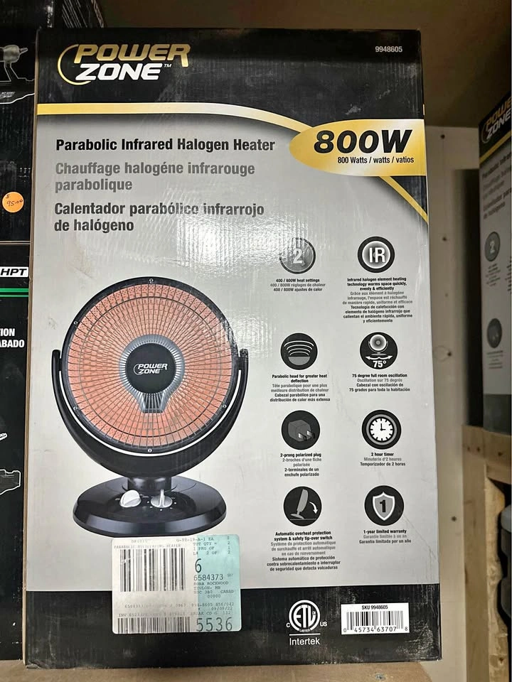 Power Zone 800W Parabolic Infrared Halogen Heater