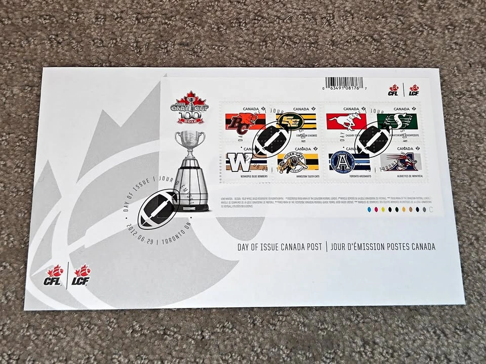 First Day Covers FDC - 100th Grey Cup & CFL Football Teams 2012