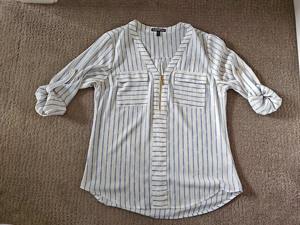 Express Women Shirt - Stripe Roll Up Sleeve Front Zip - Size XS
