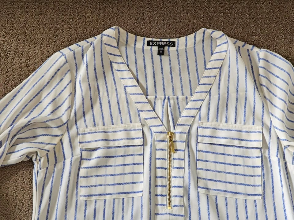 Express Women Shirt - Stripe Roll Up Sleeve Front Zip - Size XS - photo 3