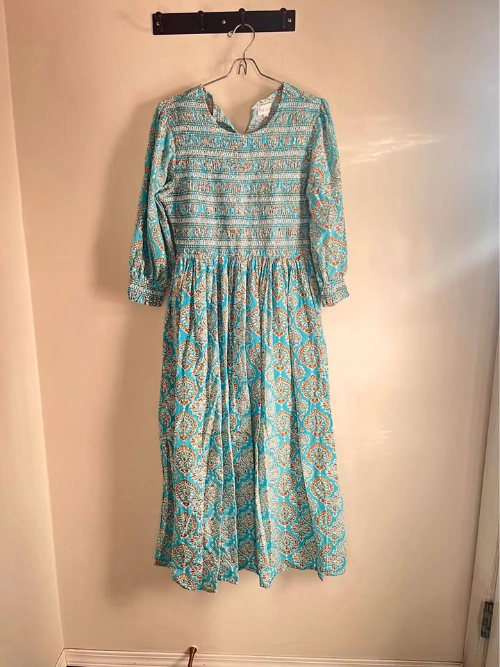Pink Lemons Smocked Block-Print Maxi Dress, Size S