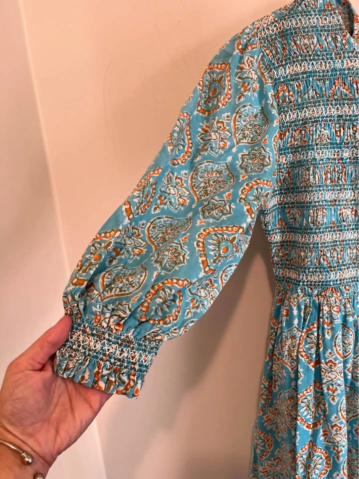 Pink Lemons Smocked Block-Print Maxi Dress, Size S - photo 2