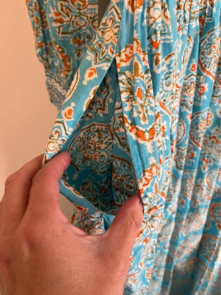Pink Lemons Smocked Block-Print Maxi Dress, Size S - photo 3