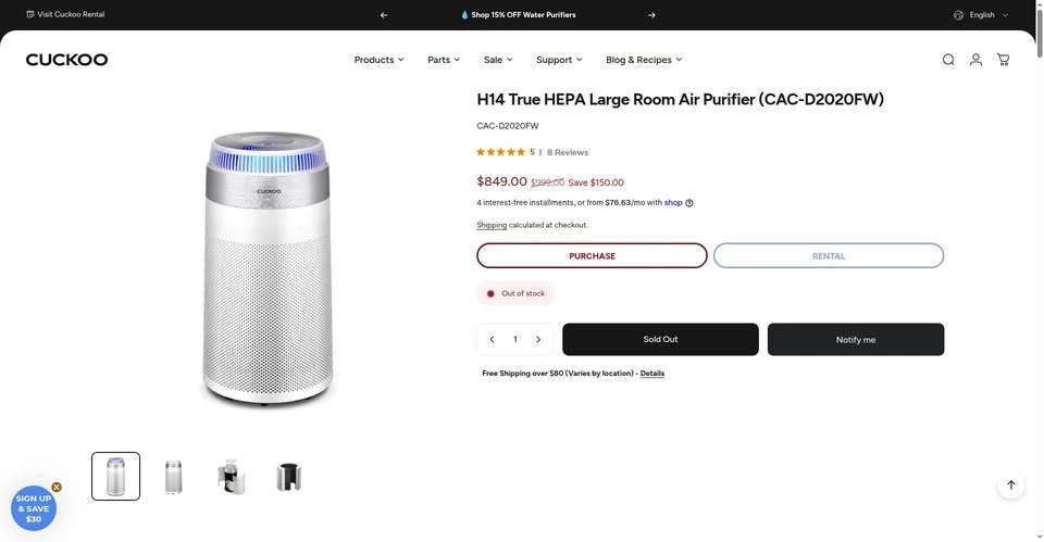 CUCKOO Tower MAX Air Purifier (CAC-D2020FW) + 8 Filters - photo 5
