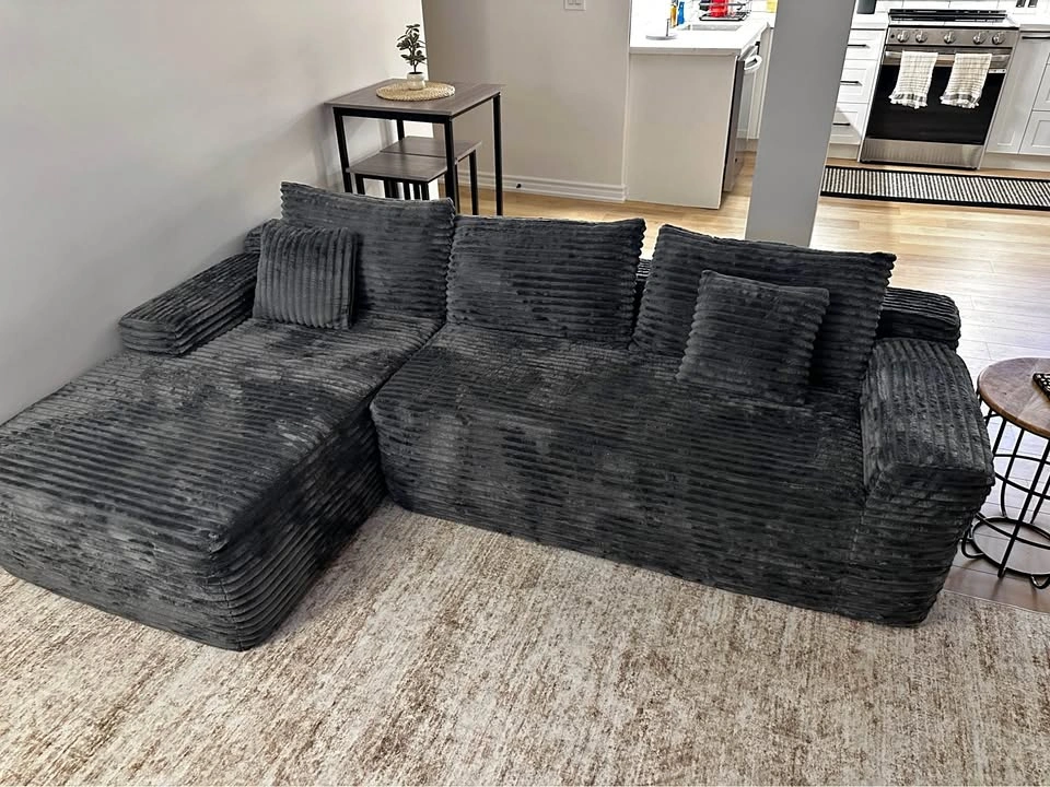 Charcoal Grey Corduroy Sectional Sofa with Chaise
