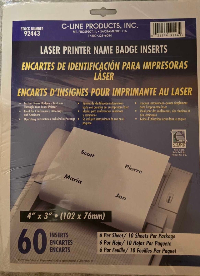 C-Line Laser Printer Name Badge Inserts