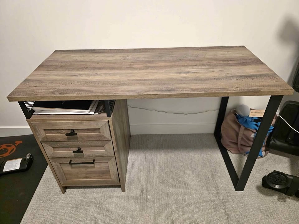 Rustic Industrial Desk with 3 Drawers & Mesh Shelf
