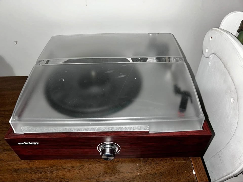 Vintage Style Wood Grain Record Player + 3 Vinyl Albums