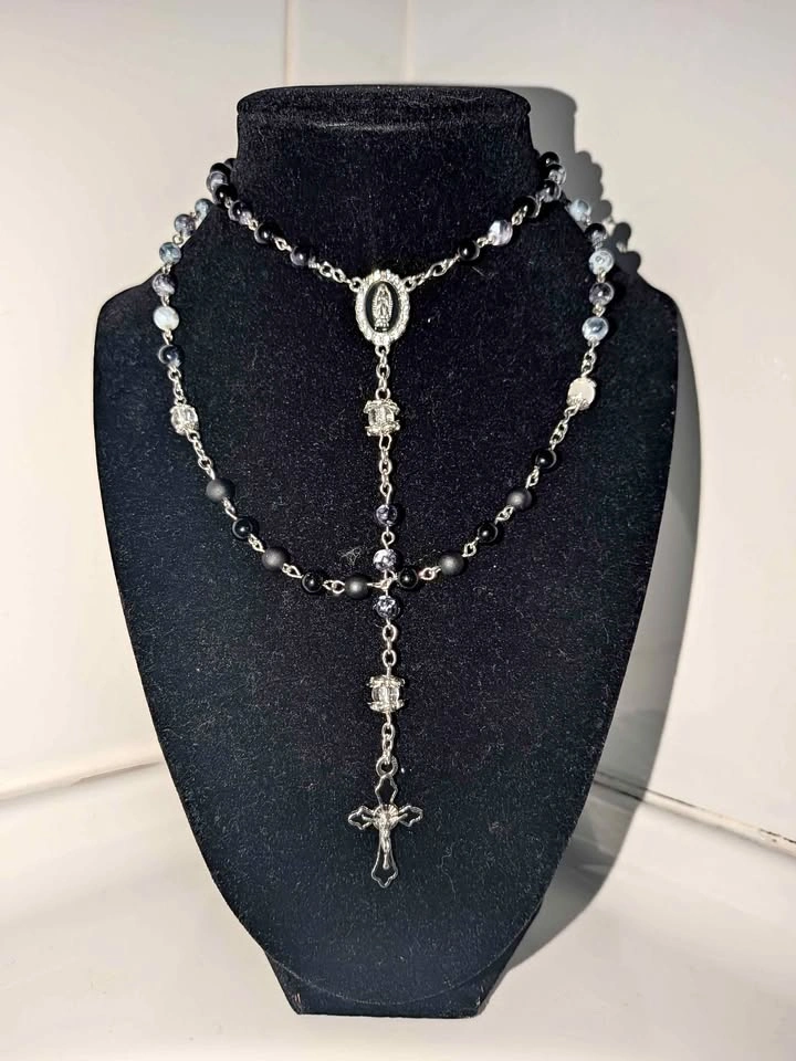 Black and Grey Beaded Rosary Necklace with Crucifix