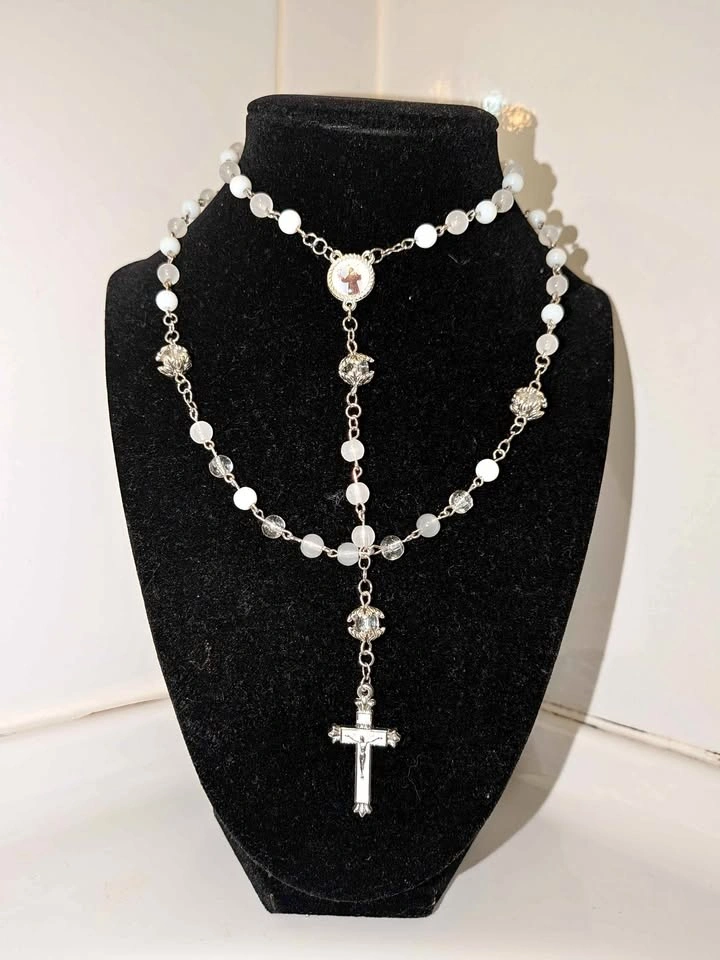 White Bead Catholic Rosary Necklace with Crucifix