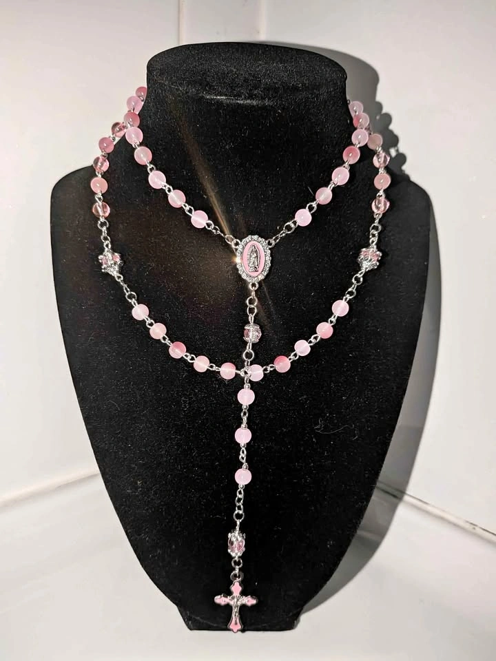 Pink Beaded Rosary Necklace with Virgin Mary Centerpiece