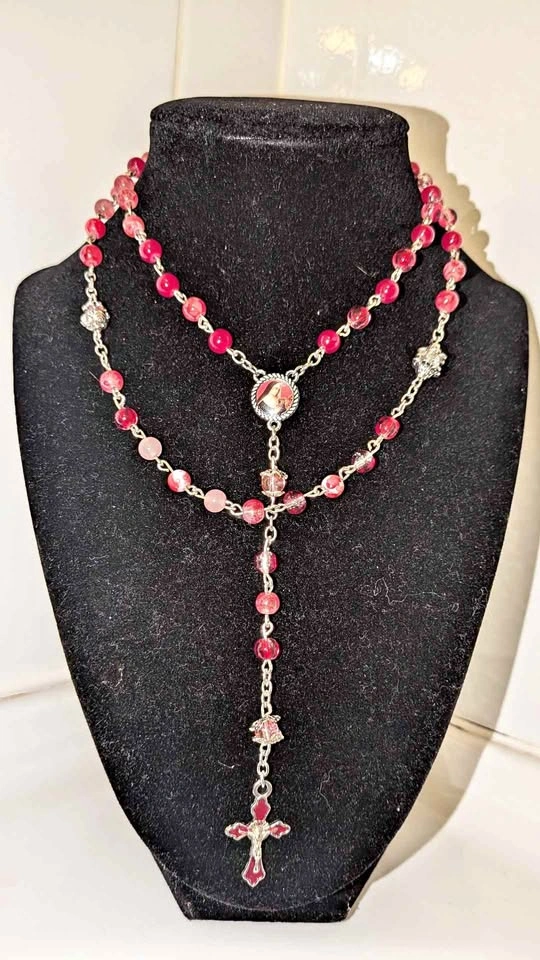 Pink and Red Beaded Rosary Necklace