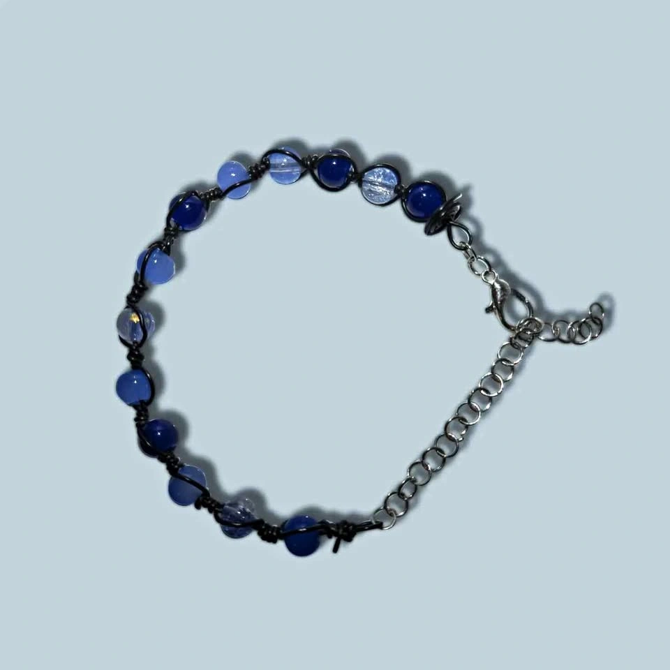 Handmade Blue Bead Wire-Wrapped Bracelet