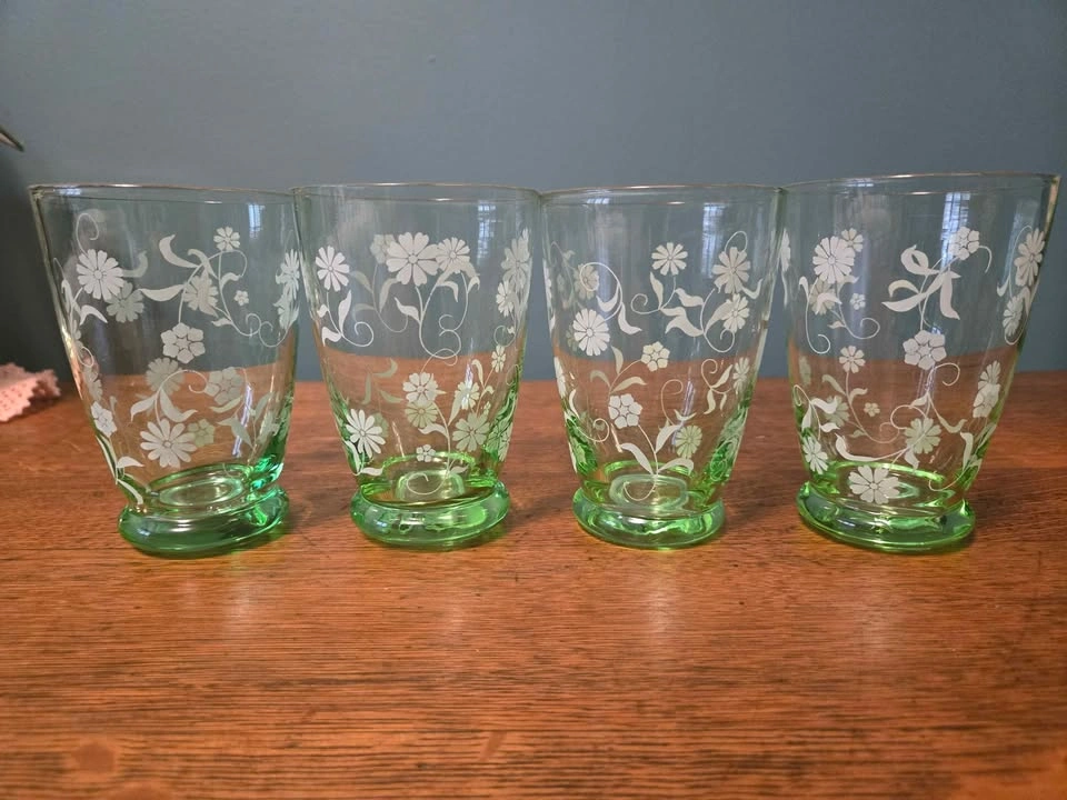 Set of 4 Vintage Green Glass Tumblers with White Floral Pattern