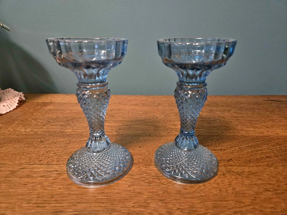 Pair of Blue Pressed Glass Candle Holders
