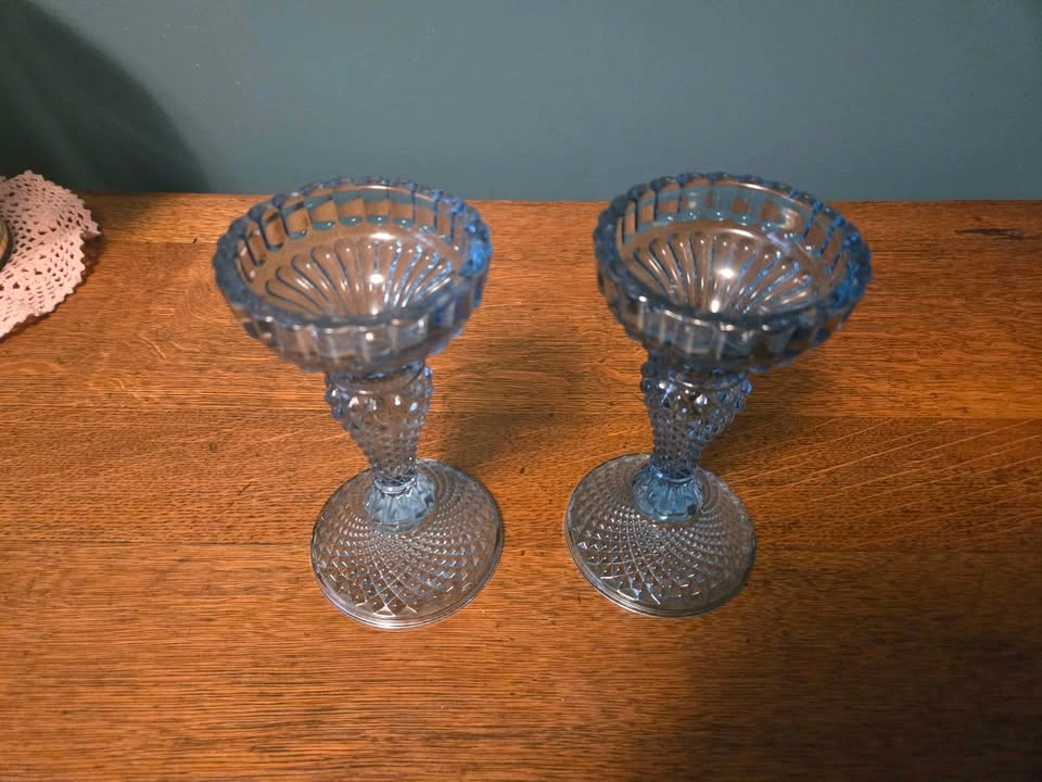 Pair of Blue Pressed Glass Candle Holders - photo 2