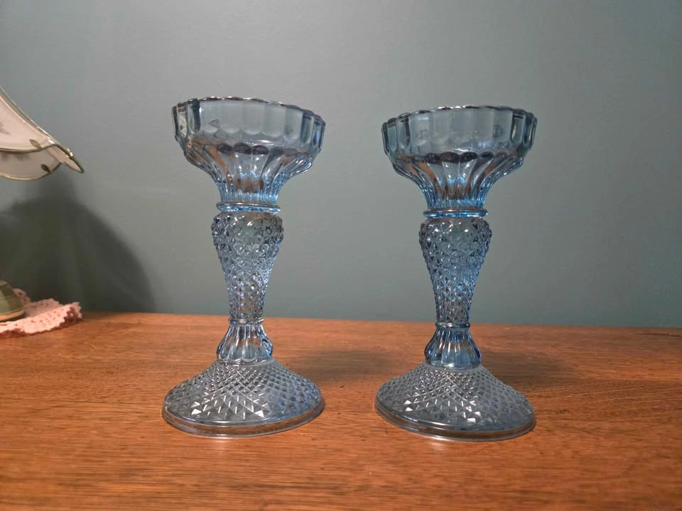 Pair of Blue Pressed Glass Candle Holders - photo 3