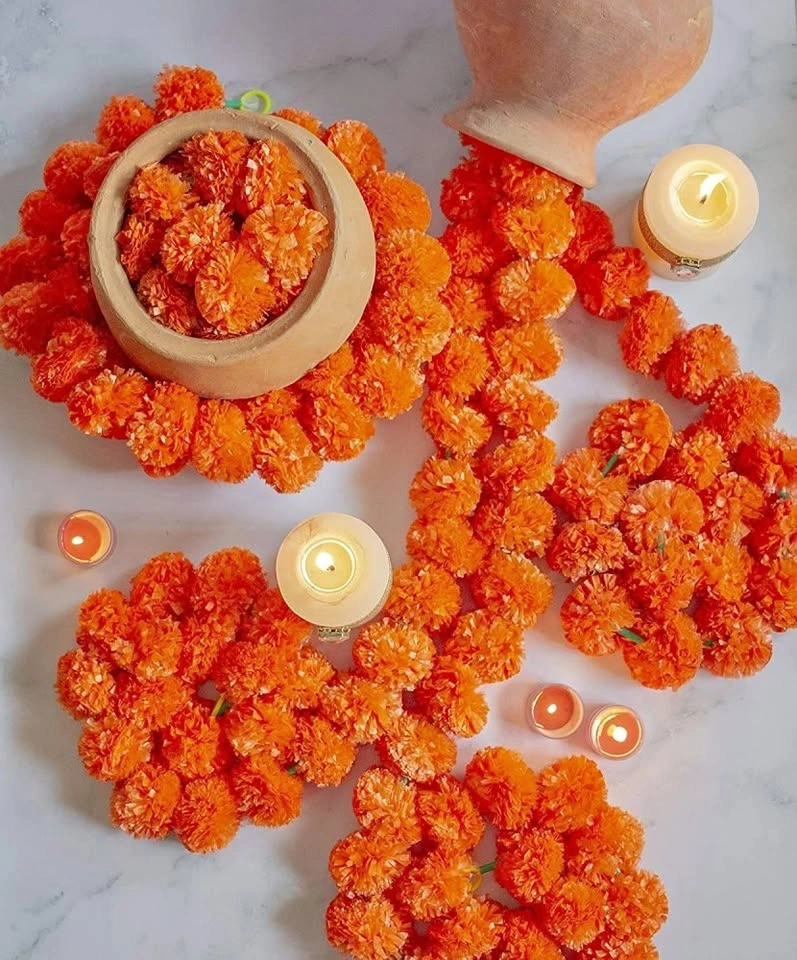 Artificial Marigold Garlands (5 ft) - Yellow, Orange and Mix