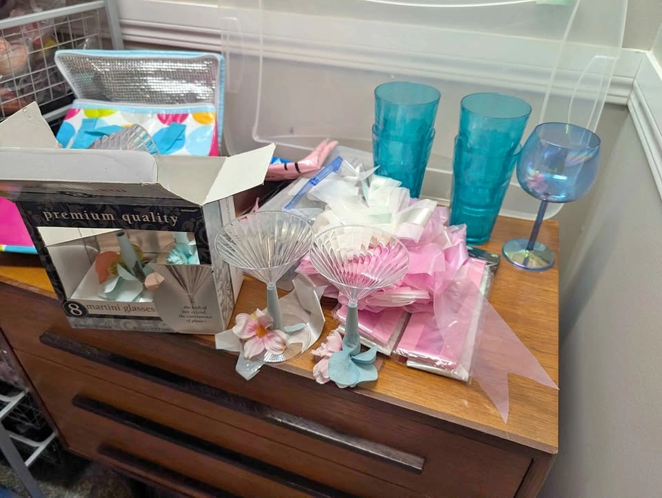 Party Supplies Lot: Glasses, Vases, Platters, and Table Skirt