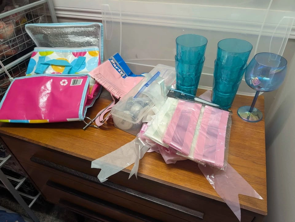 Party Supplies Lot: Glasses, Vases, Platters, and Table Skirt - photo 4