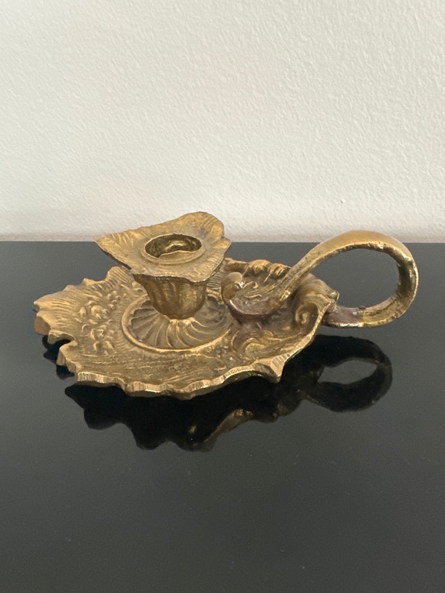 Antique Art Nouveau cast brass chamberstick/portable candleholde