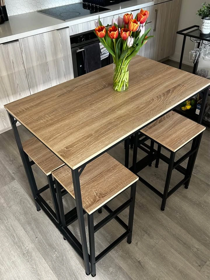 Counter Height Dining Table with 4 Stools – Wood & Black