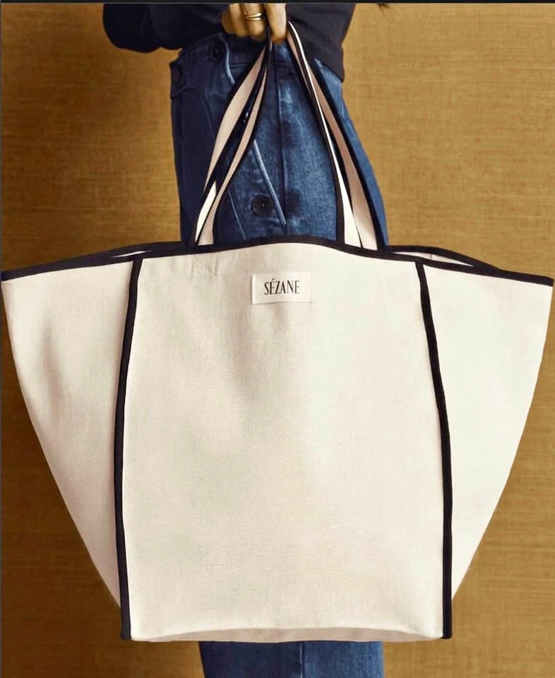 Sézane recycled cotton tote, ecru with black piping, new