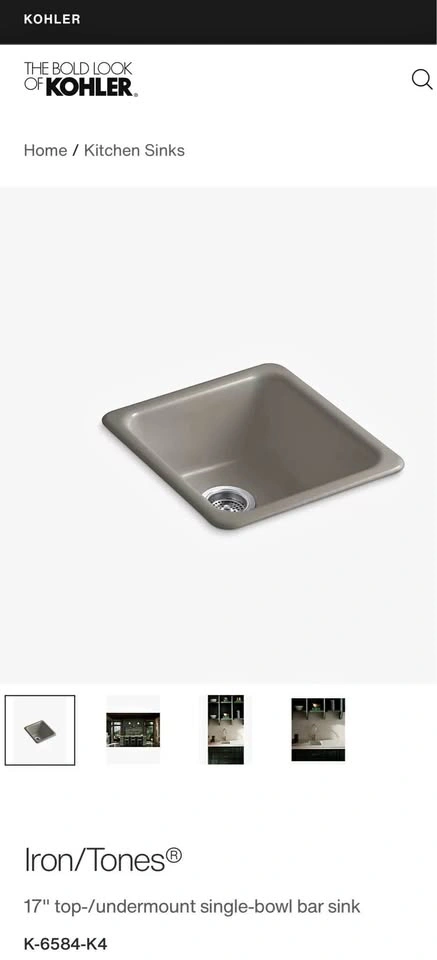 Kohler Iron/Tones 17" Single-Bowl Bar Sink K-6584-K4 Cashmere