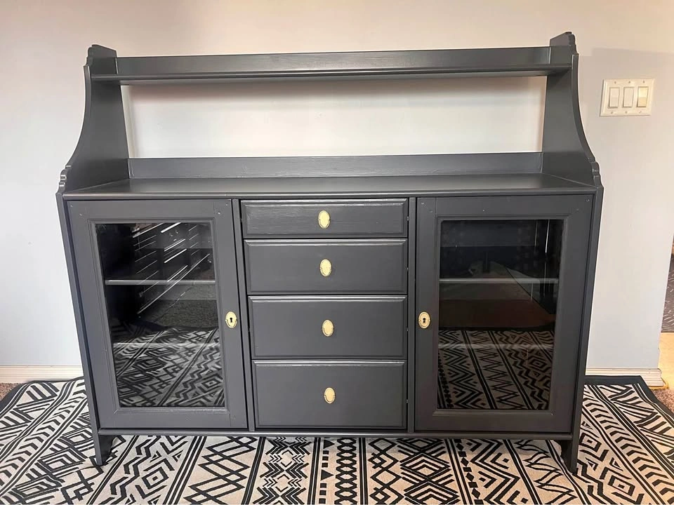 Solid Wood Buffet Sideboard with Hutch – Cracked Pepper Black