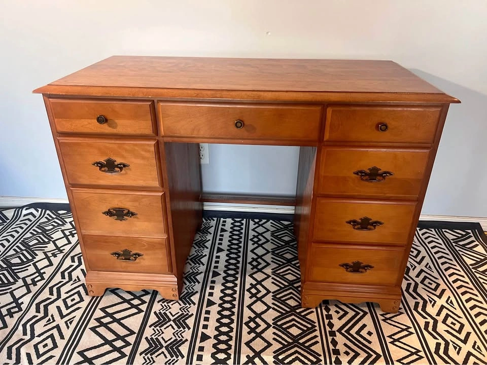 Vintage Solid Maple Desk / Vanity – 9 Drawers, Compact Home Offi