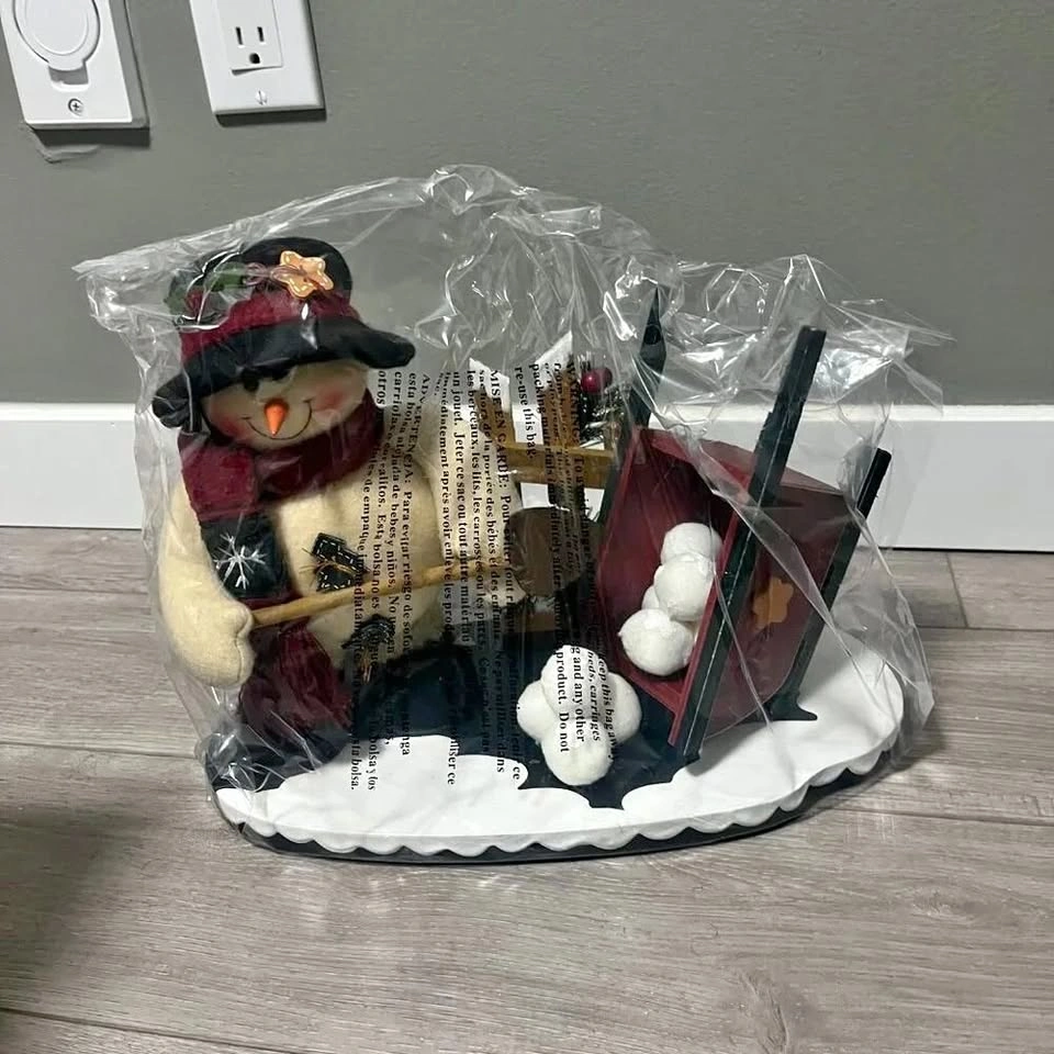 BRAND NEW Costco Fabric Tabletop Snowman with Sled Decoration