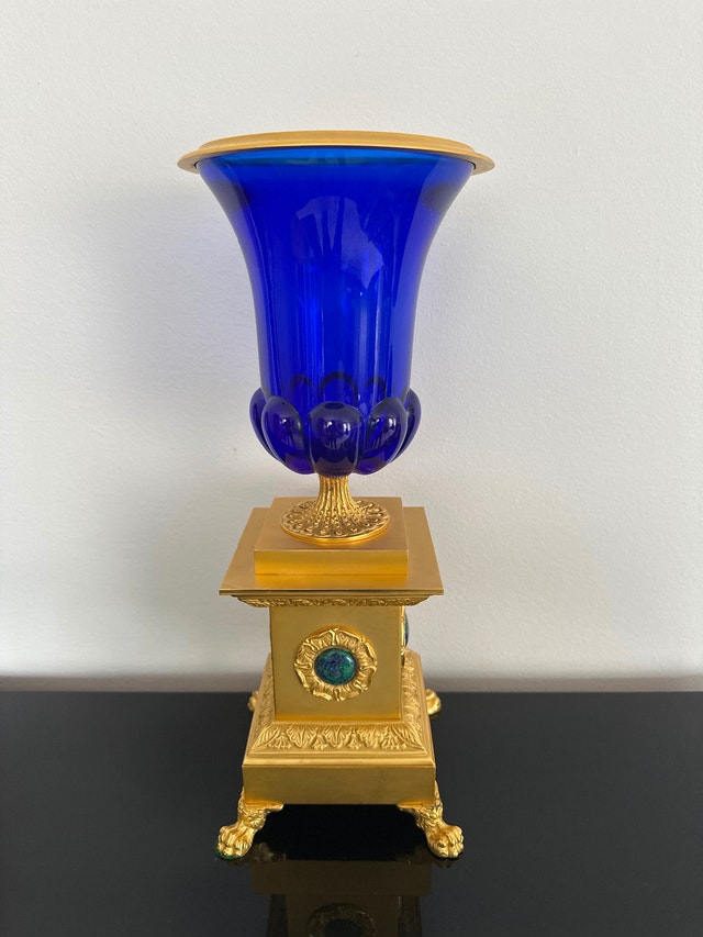 Italian Laudarte SRL cobalt glass and 24K gold gilt bronze urn