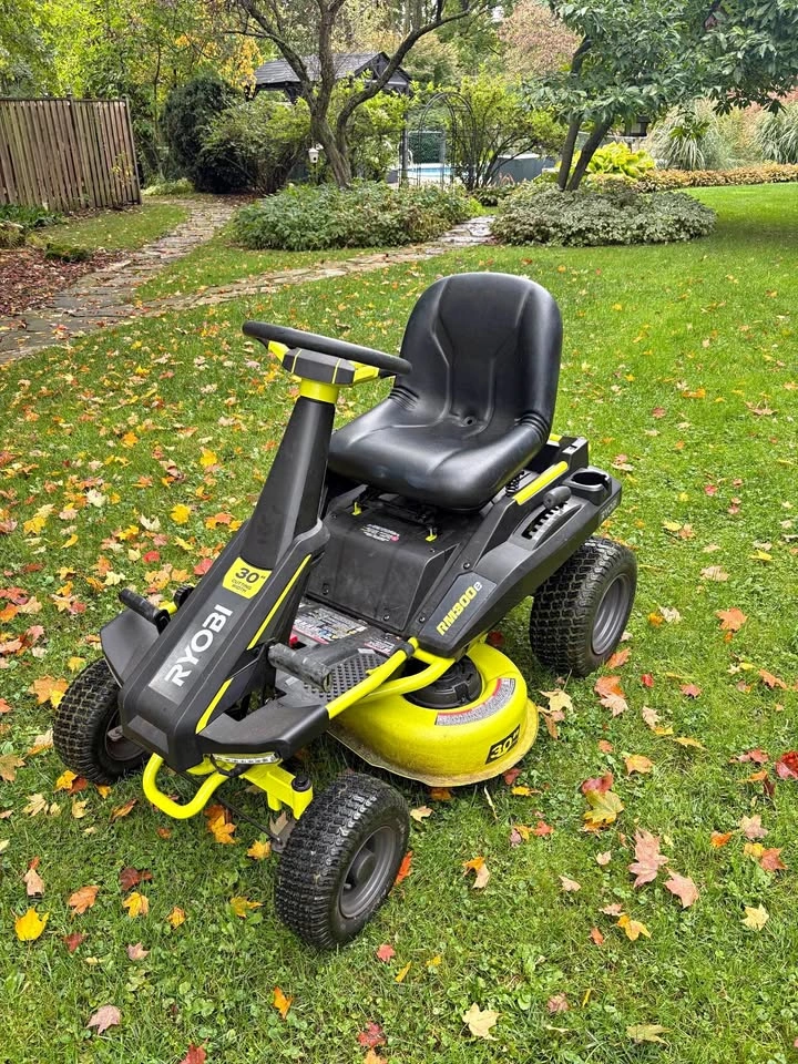 Ryobi RM300e Riding Lawn Mower with New Batteries & Bagger