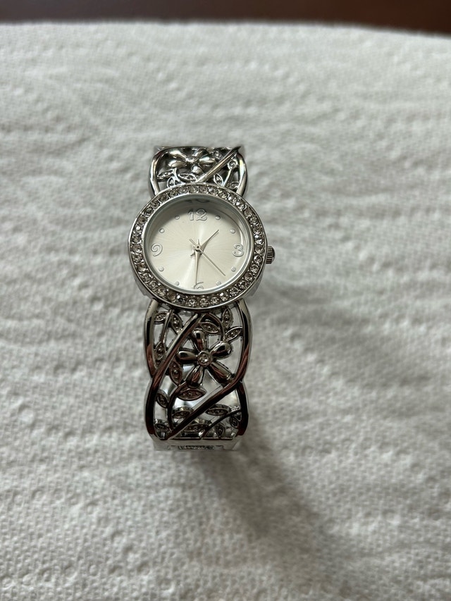 Silver-Tone Floral Bangle Watch