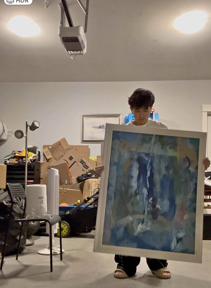 Big vintage abstract painting + frame for house decor
