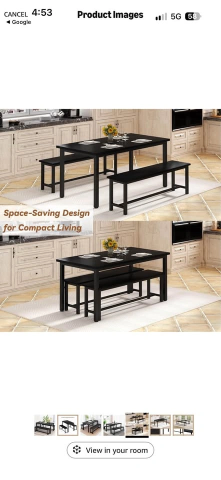 3-piece dining set with 2 benches - Black - photo 2