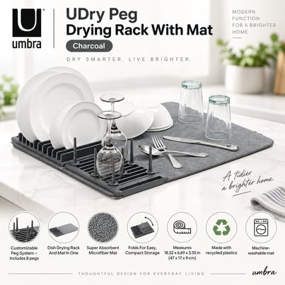 Umbra UDry Peg Drying Rack with Mat Charcoal 8 Pegs