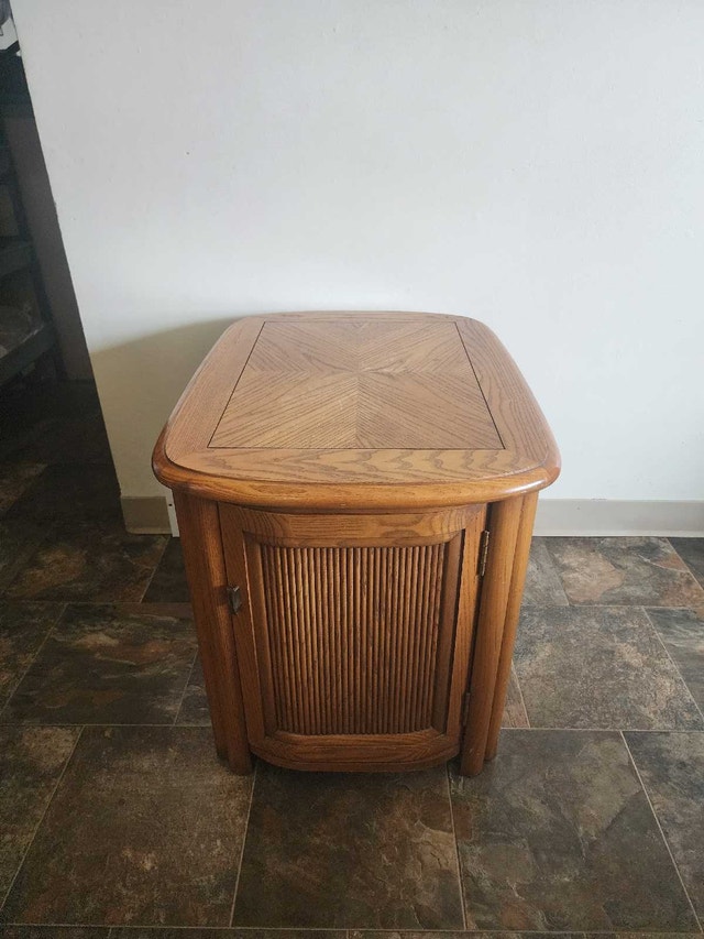Vintage Oak End Table with Tambour Door Cabinet