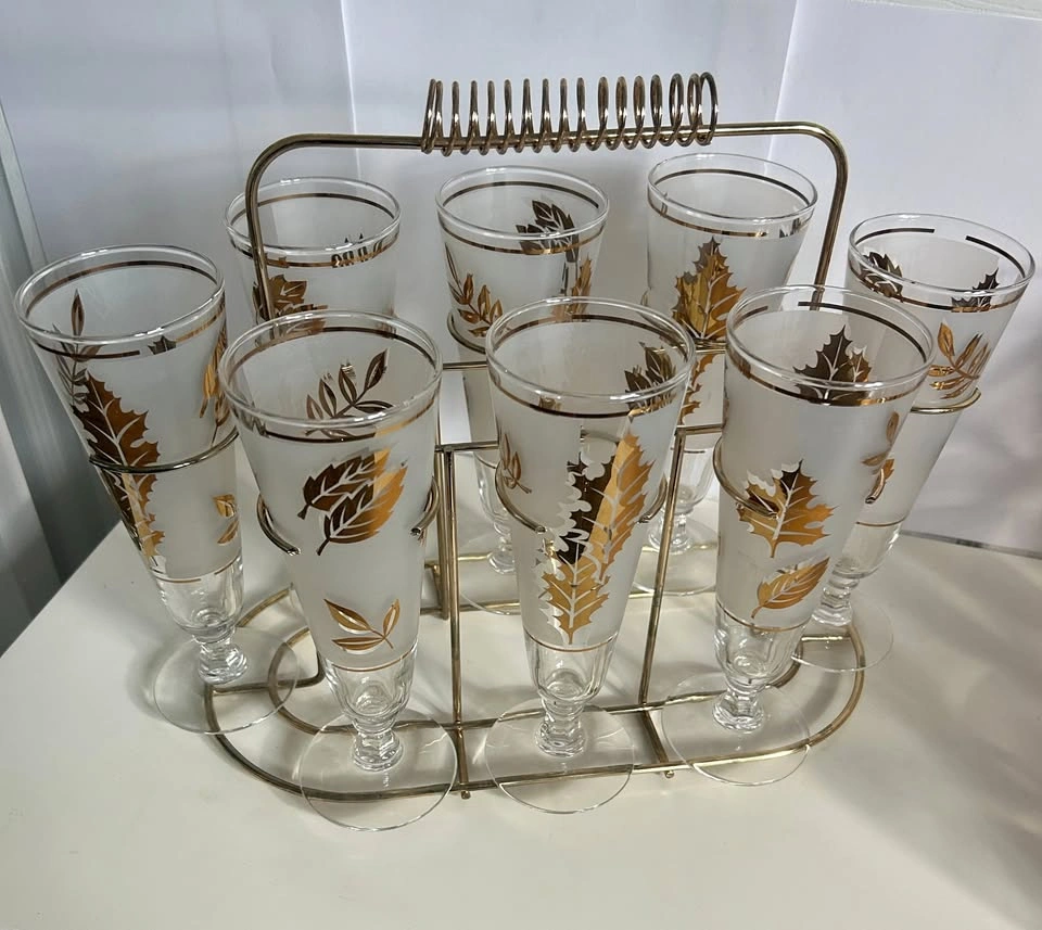 MCM 50's Vintage Barware: 8 Frosted Glasses with Caddy