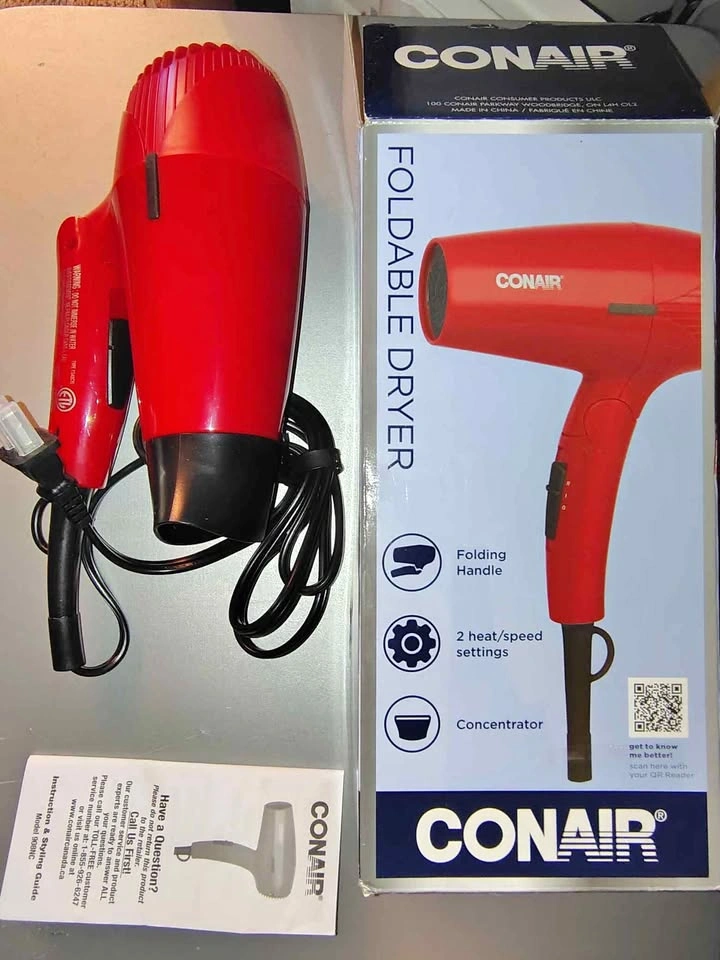 Conair Compact Foldable Travel Hair Dryer (1600W, Red)