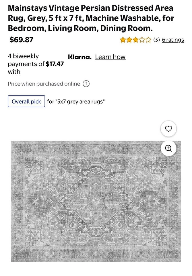 Mainstays Vintage Persian Distressed Area Rug, Grey, 5 ft x 7 ft