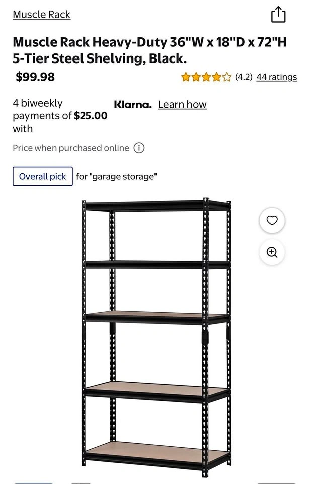 Muscle Rack 5-Tier Steel Shelving 36"W x 18"D x 72"H, Black