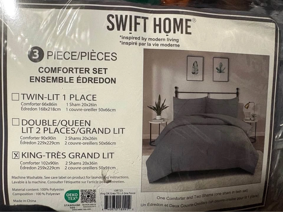 Brand New Swift Home King 3-Piece Comforter Set in Dark Grey - photo 3