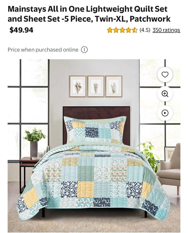 Brand New Mainstays Lightweight Quilt and Sheet Set - Twin-XL