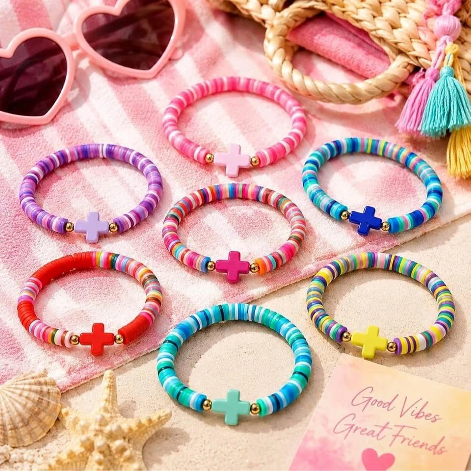 Colorful Heishi Bead Cross Charm Bracelets